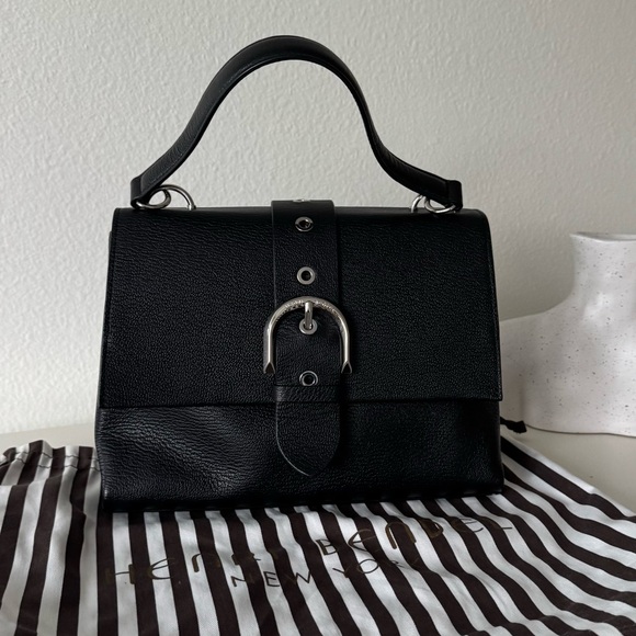 Henri Bendel Black Riverside Leather Handbag Satchel Silver Buckle